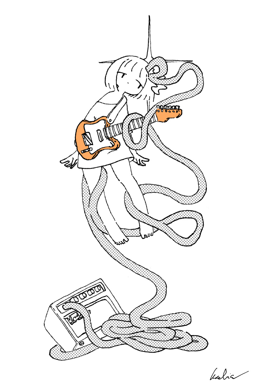 1girl, absurdres, amplifier, barefoot, cable, commentary, greyscale, guitar