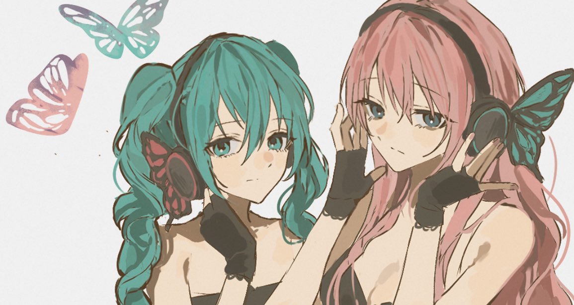 2girls, bare_shoulders, bug, butterfly, butterfly_hair_ornament, eoldang1, expressionless, eyelashes