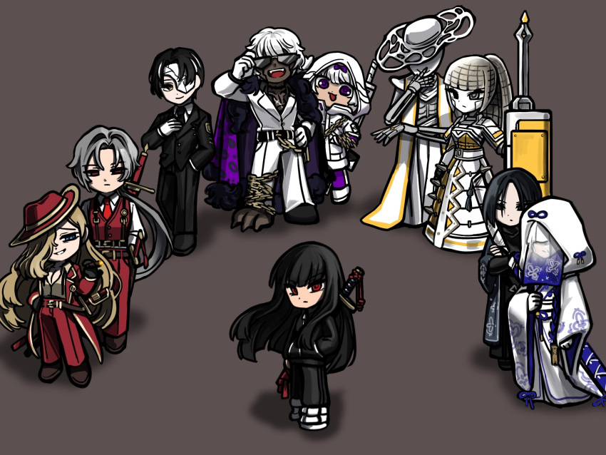 1other, 4boys, 5girls, albina_(project_moon), belt, black_belt, black_hair, black_jacket
