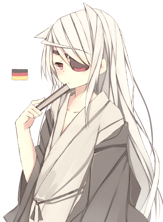 blush, eyepatch, fan, folding_fan, germany, infinite_stratos, japanese_clothes, kimono