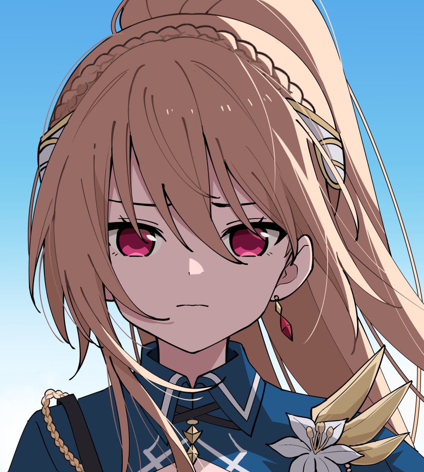 1girl, absurdres, aiguillette, alephan, blonde_hair, blue_background, blue_shirt, braid