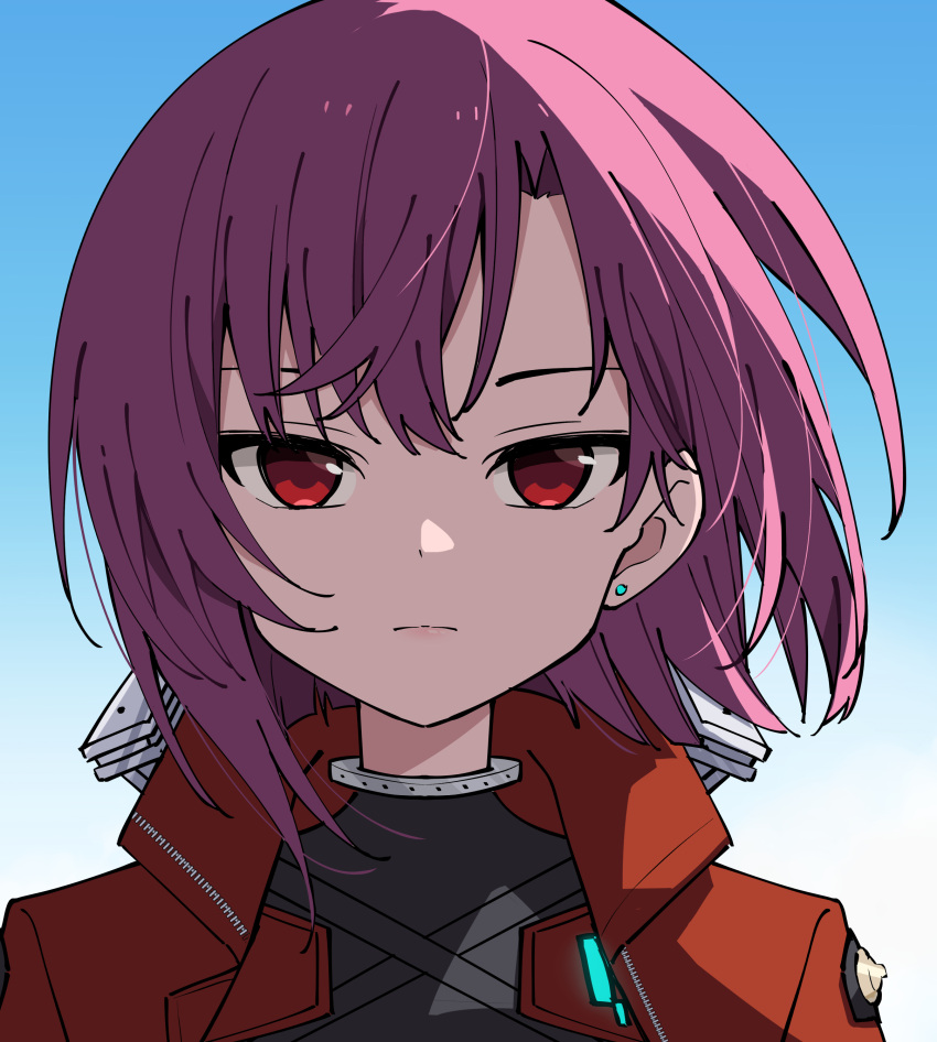 1girl, absurdres, alephan, asymmetrical_bangs, black_shirt, blue_background, blue_sky, closed_mouth