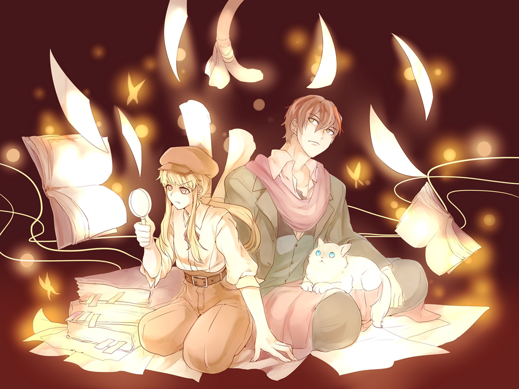 blonde_hair, blue_eyes, book, brown_hair, butterfly, cat, diana_(umineko), hat