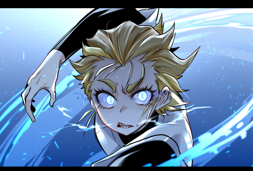 1boy, arm_up, baseball, baseball_uniform, blonde_hair, blue_background, blue_eyes, breath