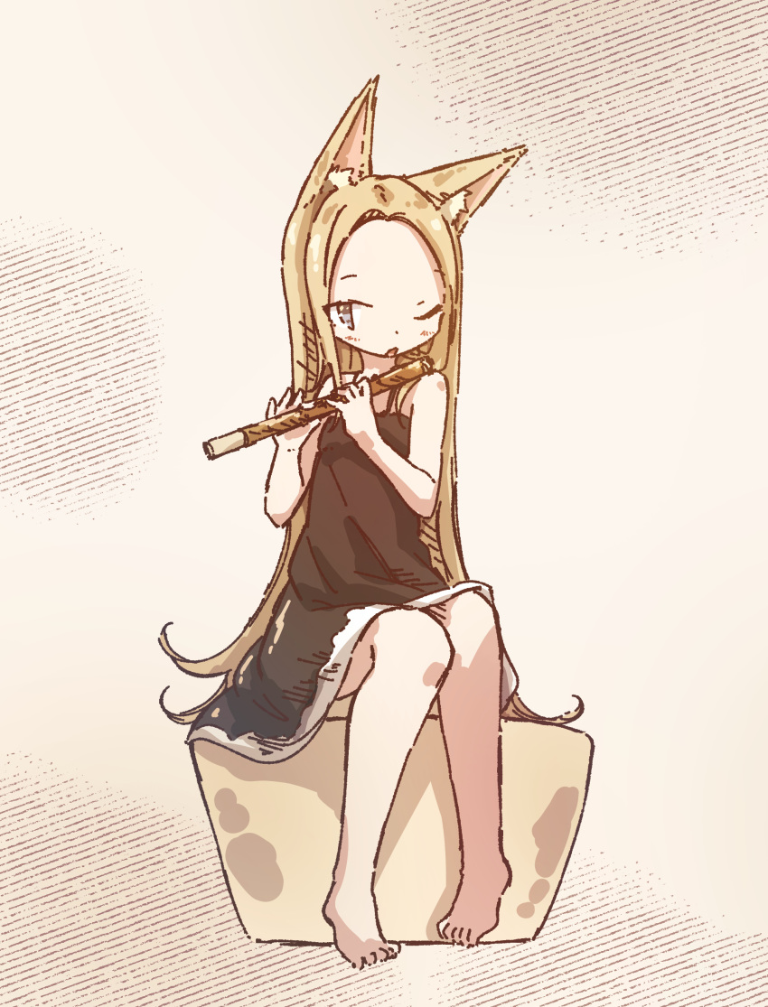 1girl, absurdres, animal_ears, barefoot, black_dress, blonde_hair, cat_ears, cat_girl, chipie_0114, dress, flute, full_body, highres, holding, holding_flute, holding_instrument, instrument, long_hair, looking_at_viewer, one_eye_closed, original, sitting, sleeveless, sleeveless_dress, solo