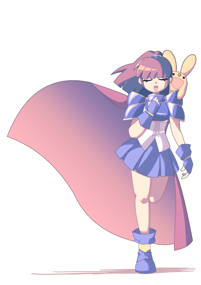 1girl, animal_on_shoulder, arle_nadja, armor, blue_armor, blue_boots, blue_skirt, blunt_bangs, boots, breastplate, brown_hair, cape, carbuncle_(puyopuyo), clenched_hand, closed_eyes, commentary, corset, english_commentary, floating_cape, floating_clothes, floating_hair, forehead_jewel, gauntlets, highres, open_mouth, pleated_skirt, ponytail, puyopuyo, red_cape, ruw_ruler, short_hair, shoulder_armor, sidelighting, simple_background, skirt, smile, walking, white_background, white_corset