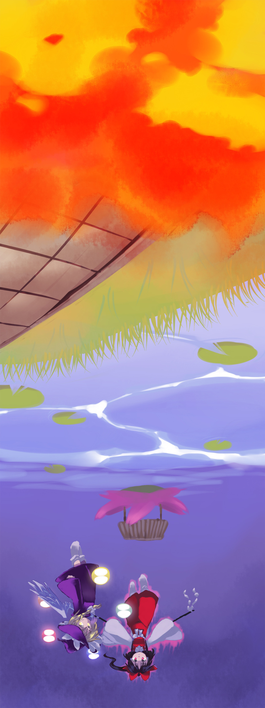 absurdres, bad_id, black_hair, blonde_hair, bow, braid, danmaku, dress