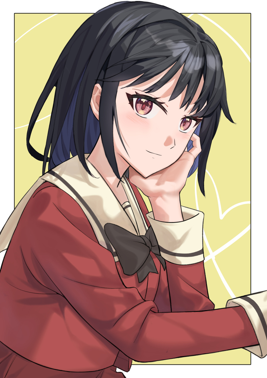 1girl, absurdres, black_hair, bow, bowtie, commentary, hand_on_own_cheek, hand_on_own_face, highres, long_hair, long_sleeves, looking_at_viewer, red_eyes, s_hy, sawaguchi_mai, sleeve_cuffs, smile, solo, sono_hanabira_ni_kuchizuke_wo, symbol-only_commentary, upper_body