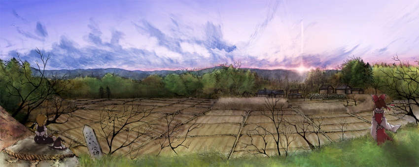 arms_behind_back, blonde_hair, bow, brown_hair, cloud, clouds, detached_sleeves, faux_traditional_media, field, grass, hair_bow, hair_tubes, hakurei_reimu, hat, hat_removed, headwear_removed, highres, kenshin, kirisame_marisa, landscape, miko, multiple_girls, nature, rock, scenery, shide, shimenawa, sky, sotoba, speed_painting, sun, sunset, touhou, tree, village, witch, witch_hat