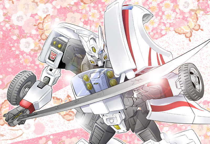 character_request, closed_mouth, commentary_request, cowboy_shot, emblem, floral_background, holding, holding_sword