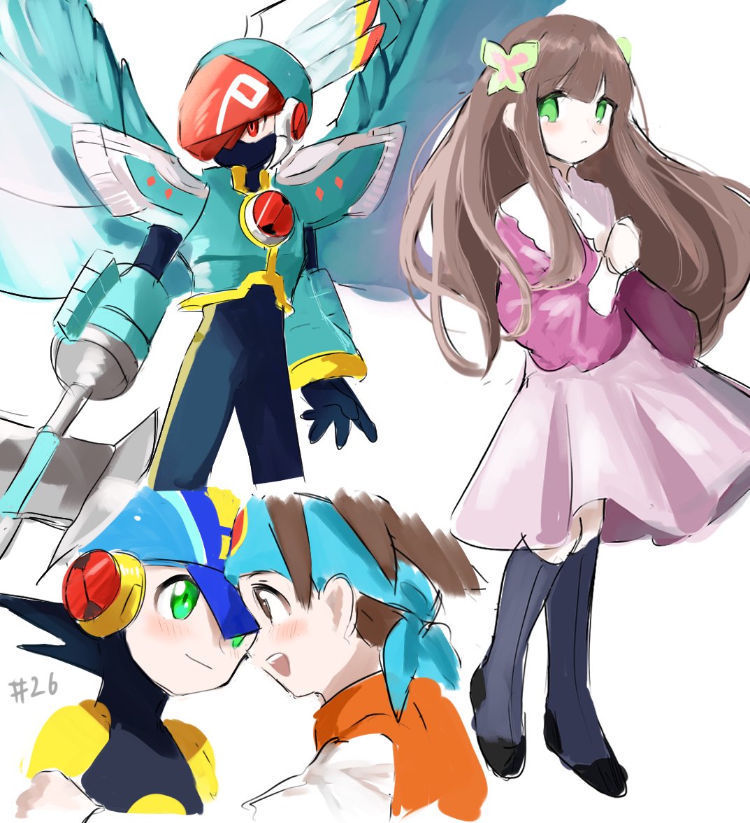 1girl, 2boys, arm_blade, armor, axe, blue_bodysuit, blue_headband, blue_helmet
