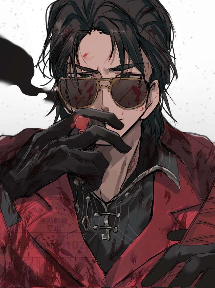 1boy, black_hair, black_shirt, cigarette, collared_shirt, commentary_request, garando1020, gold_trim, green_eyes, highres, jacket, limbus_company, looking_at_viewer, medium_hair, meursault_(project_moon), pink_jacket, project_moon, shirt, simple_background, smoke, smoking, solo, sunglasses, thumb_(identity)_(project_moon), white_background