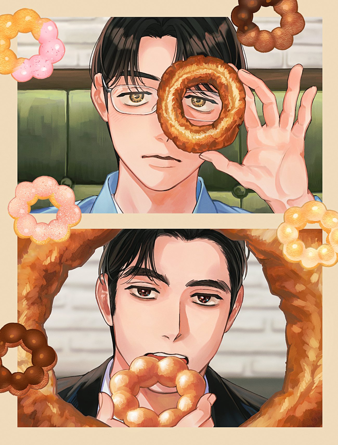 black_suit, border, brown_eyes, collared_shirt, commentary_request, curtained_hair, doughnut, eating