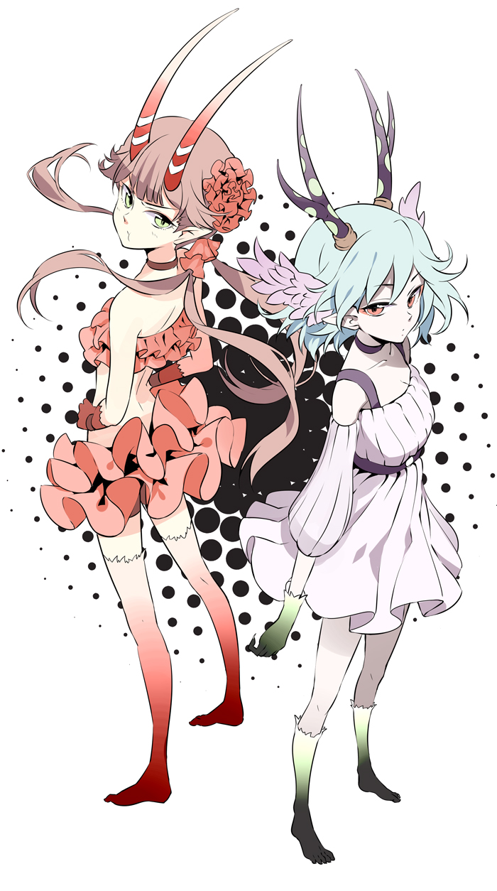 antlers, bare_shoulders, blue_hair, brown_hair, c_(control), c_the_money_of_soul_and_possibility_control, choker, detached_sleeves