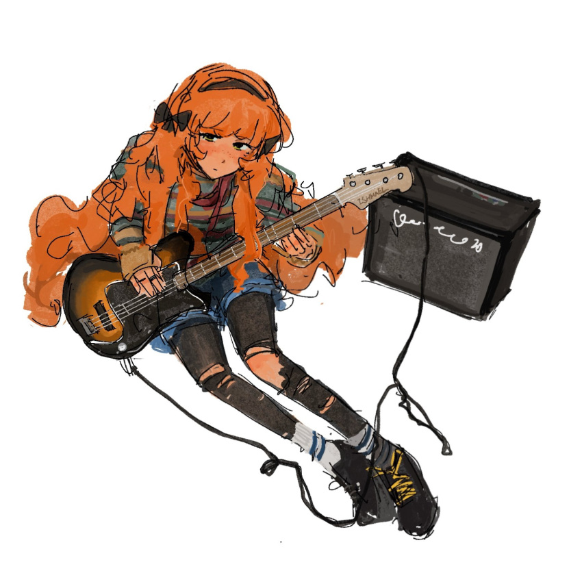 1girl, amplifier, bass_guitar, black_pantyhose, black_shoes, blue_shorts, check_instrument, hashtag-only_commentary