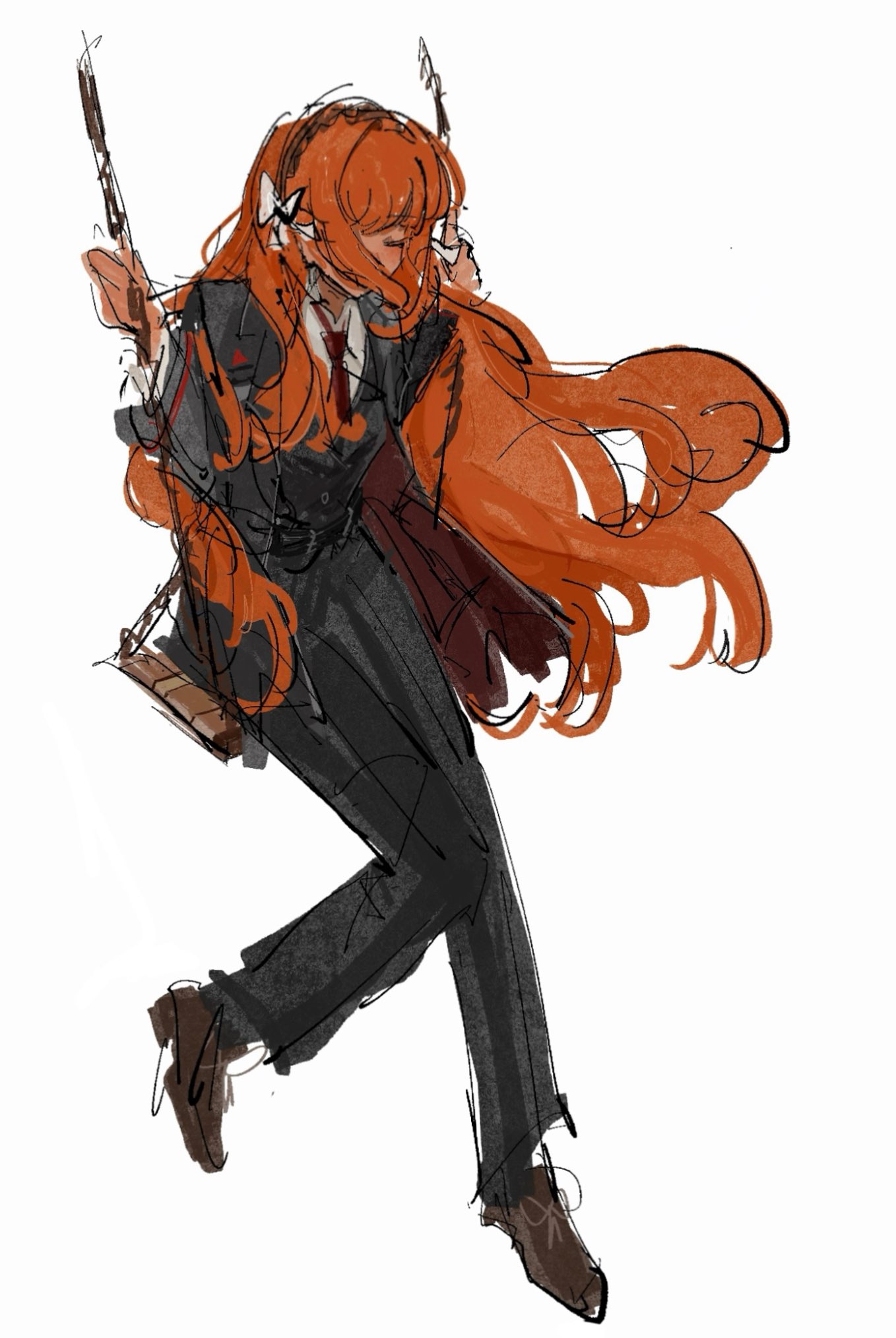 1girl, belt, black_belt, black_jacket, black_pants, bow, brown_shoes, closed_eyes, full_body, hair_bow, hands_up, hashtag-only_commentary, herbbbbby, highres, ishmael_(project_moon), jacket, lapels, limbus_company, long_hair, notched_lapels, orange_hair, pants, project_moon, shoes, simple_background, sitting, solo, swing, very_long_hair, white_background, white_bow