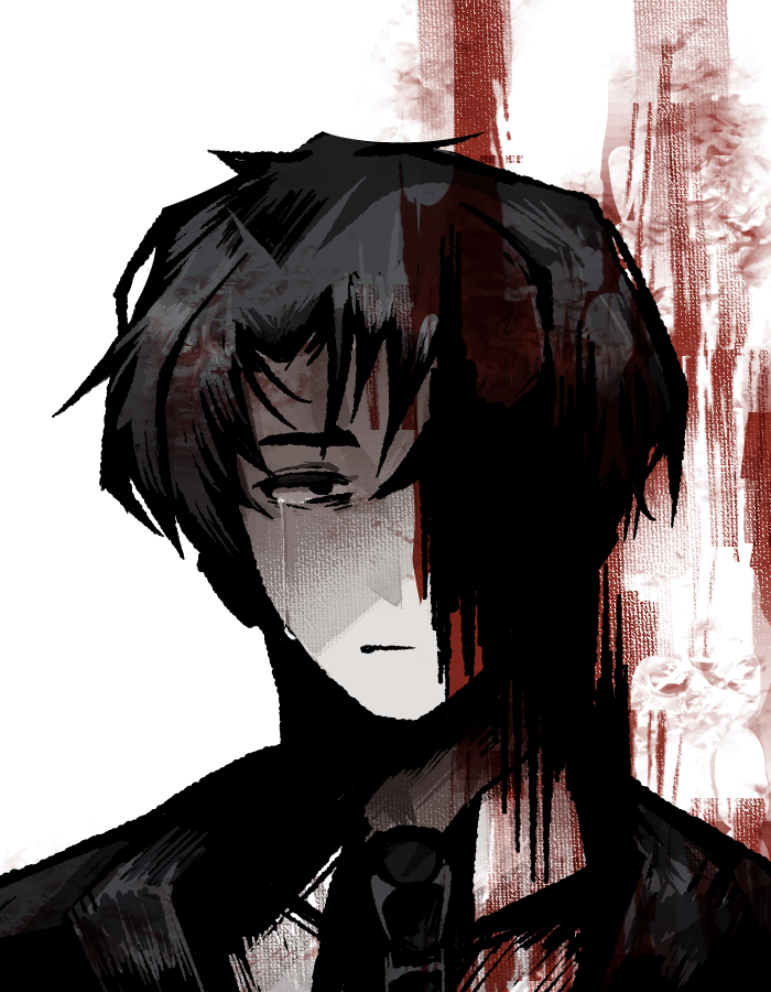 1boy, black_eyes, black_hair, black_jacket, black_necktie, blood, blood_on_wall, closed_mouth