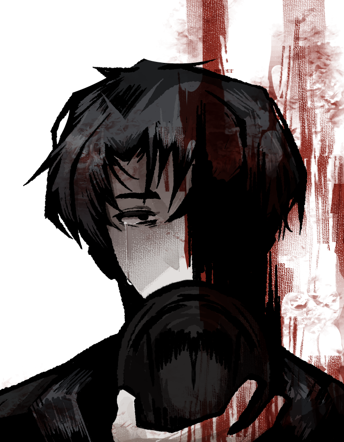 1boy, black_eyes, black_hair, black_jacket, black_mask, blood, blood_on_wall, commentary