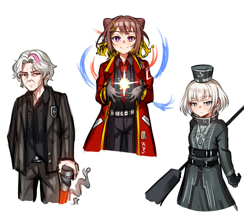 3girls, bang_dream!, black_gloves, blonde_streaks, brown_hair, character_name, character_request, charon_(project_moon)