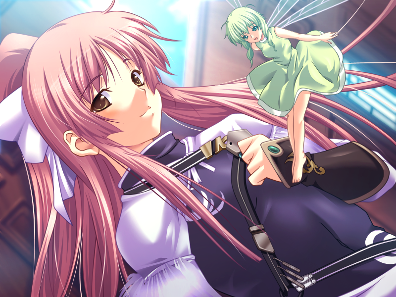 2girls, :d, bow, breasts, brown_eyes, clenched_hand, dungeon_crusaderz, dutch_angle, erika_rouleburg, fairy, fairy_wings, game_cg, green_eyes, green_hair, hair_bow, long_hair, looking_at_viewer, m&amp;m_(mickey_and_mackey), multiple_girls, pink_hair, pippi_(dungeon_crusaderz), smile, white_bow, wings