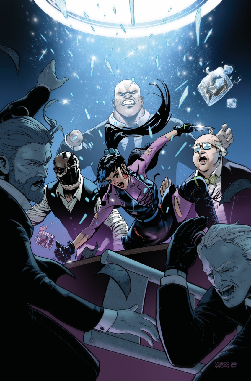 1girl, 5boys, amputee, bald, balding, batman_(series), beard, black_boots