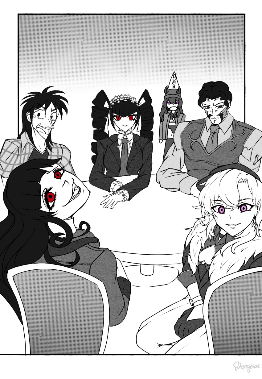 3boys, 3girls, aventurine_(honkai:_star_rail), celestia_ludenberg, daniel_j._d'arby, gambling, highres, itou_kaiji