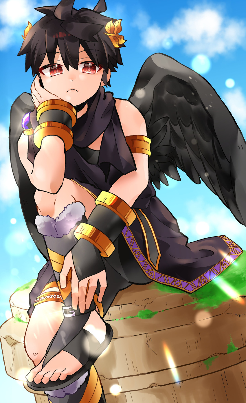1boy, absurdres, ahoge, armlet, black_hair, black_sandals, black_scarf, black_wings, blue_sky, bracer, closed_mouth, commentary_request, dark_pit, day, feathered_wings, fingerless_gloves, frown, gloves, gold_armlet, gold_thighlet, hand_on_own_face, highres, jewelry, kid_icarus, kid_icarus_uprising, ky0_17, laurel_crown, male_focus, purple_trim, red_eyes, sandals, scarf, single_bare_shoulder, sitting, sky, solo, thighlet, toes, wings