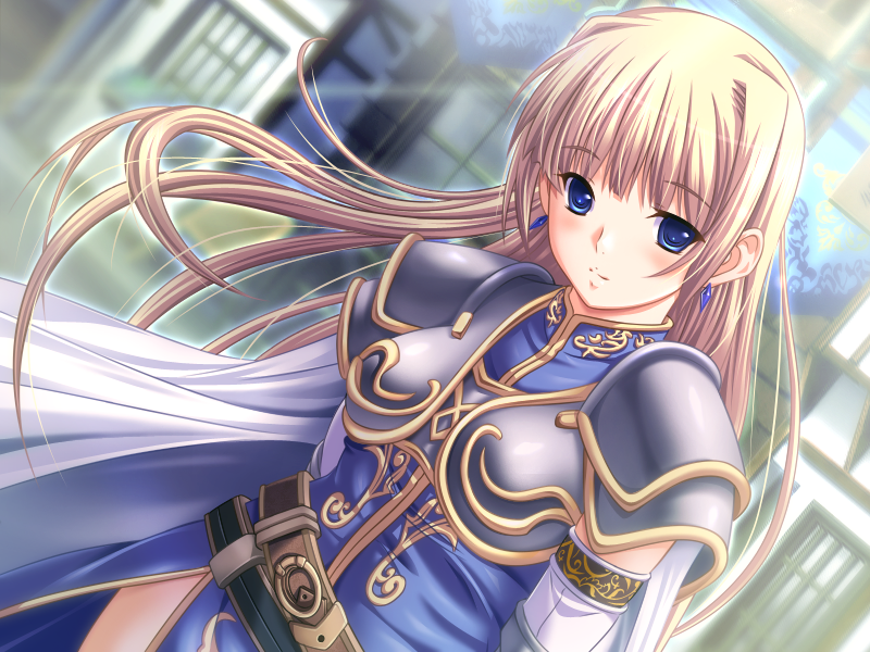 1girl, armor, blonde_hair, blue_eyes, blue_shirt, breasts, cape, cecilia_wainsearth