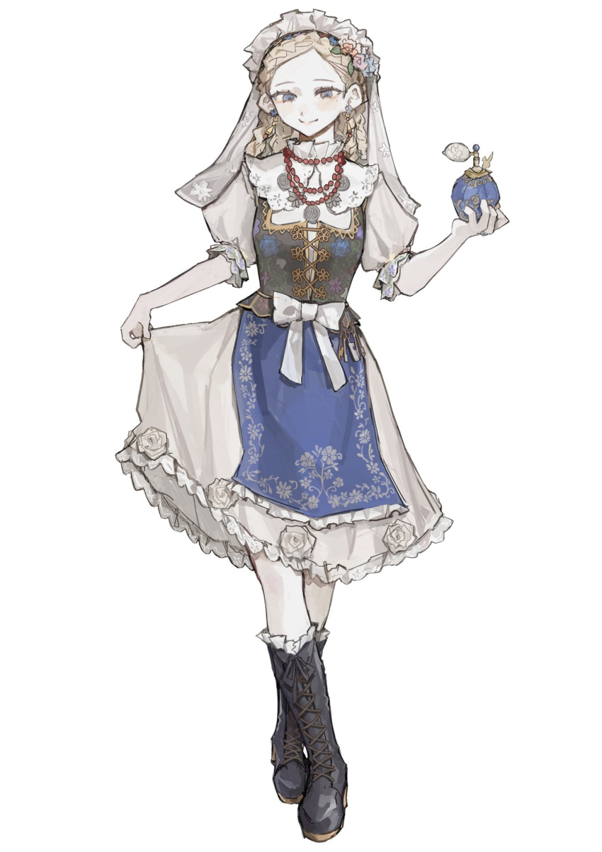 1girl, apron, bead_necklace, beads, black_boots, black_corset, blonde_hair, blue_apron