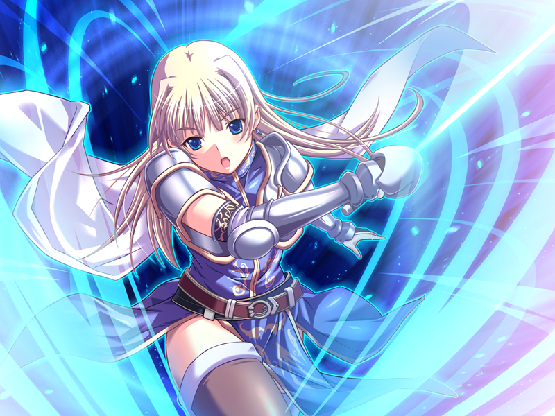 1girl, armor, blonde_hair, blue_eyes, breastplate, brown_thighhighs, cape, cecilia_wainsearth