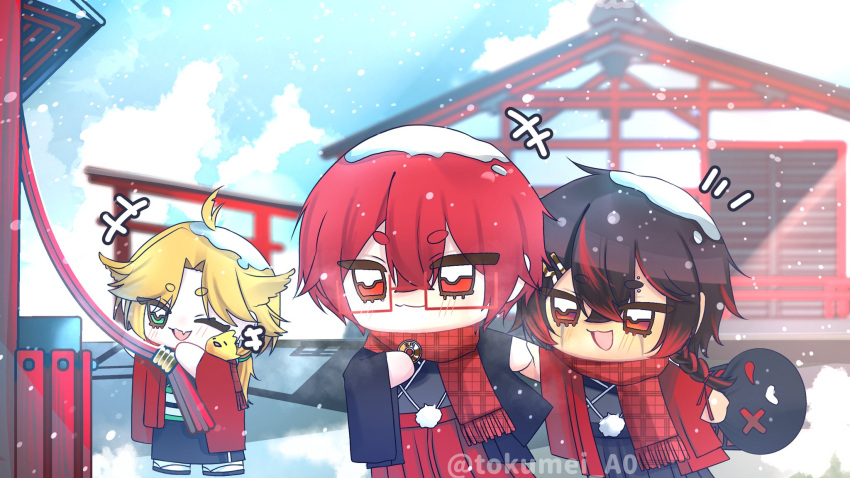 1girl, 2boys, :3, ahoge, black_hair, black_jacket, black_kimono, blonde_hair