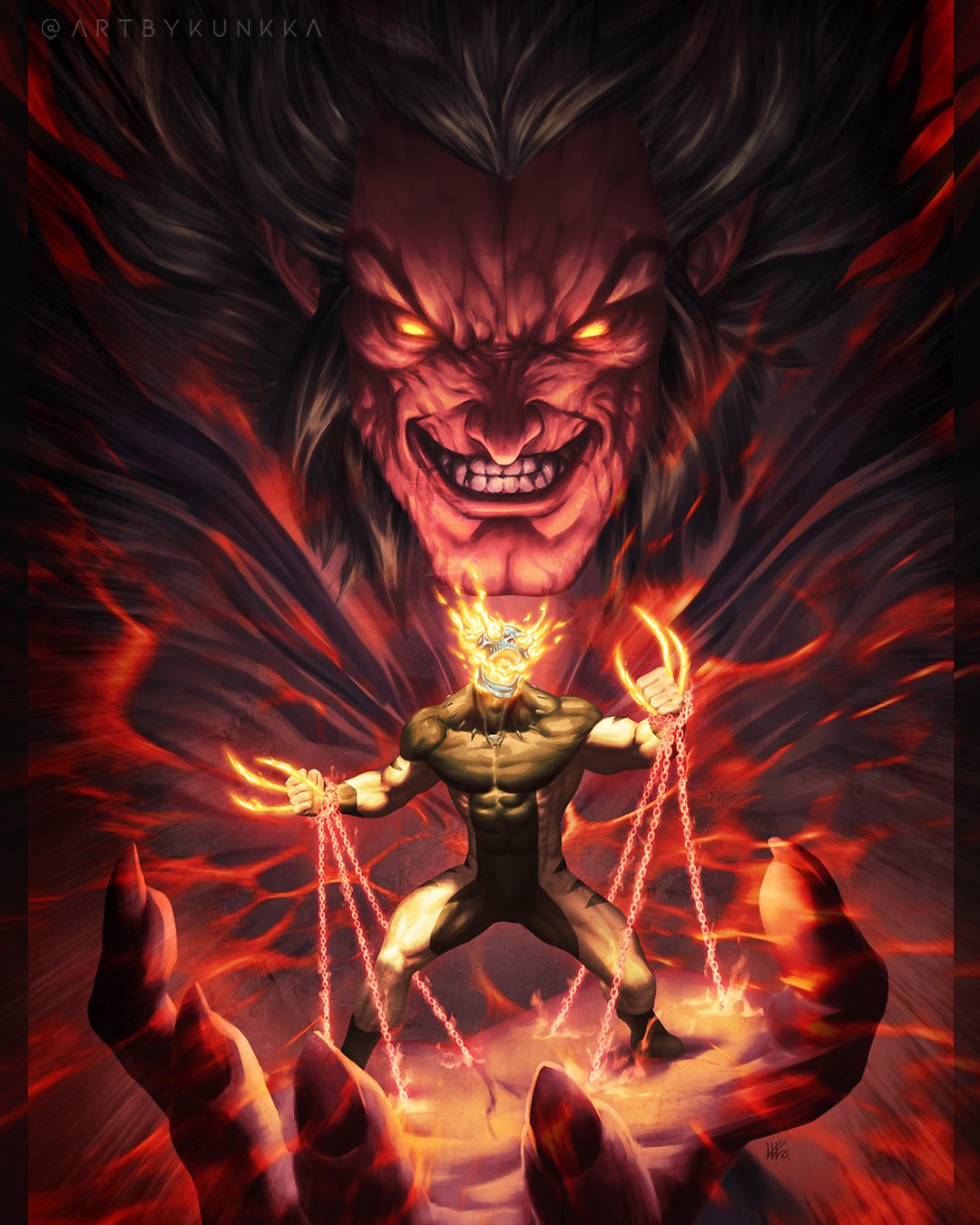 2boys, black_hair, bodysuit, brown_bodysuit, chained_wrists, claws, colored_skin, comic_cover