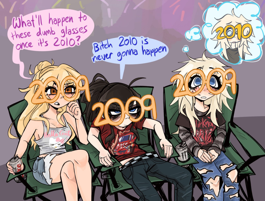 2009, 2010, 3girls, alcohol, bags_under_eyes, beer, beer_can, black_hair, blonde_hair, blue_eyes, brown_eyes, can, chair, checkered_belt, checkered_clothes, class_of_09, crossed_legs, denim, denim_shorts, drink_can, emily_(class_of_09), energy_drink, english_text, fireworks, folding_chair, hair_bun, highres, imagining, jeans, jecka_(class_of_09), kecchi0, layered_sleeves, monster_energy, multiple_girls, new_year, nicole_(class_of_09), pants, ponytail, profanity, shorts, tank_top, torn_clothes, torn_jeans, torn_pants