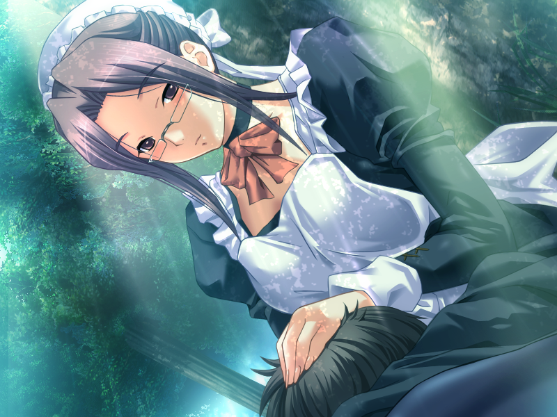 1girl, 1other, apron, ayame_neuendorf, black_dress, blush, breasts, brown_eyes, brown_hair, dress, dungeon_crusaderz, dutch_angle, game_cg, glasses, hand_on_another's_head, lap_pillow, long_hair, m&amp;m_(mickey_and_mackey), maid, maid_apron, maid_headdress, outdoors, tree