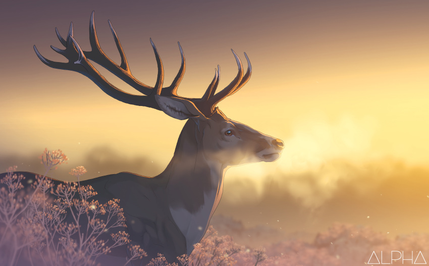 1other, absurdres, animal, antlers, blurry, bokeh, brown_fur, bush