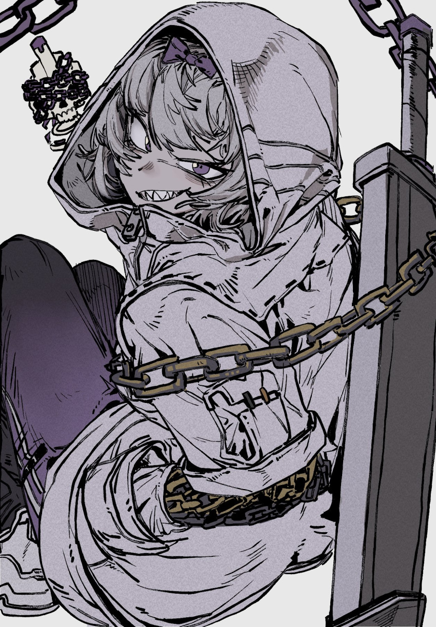 1girl, chain, commentary_request, grin, highres, hood, hood_up, hooded_jacket