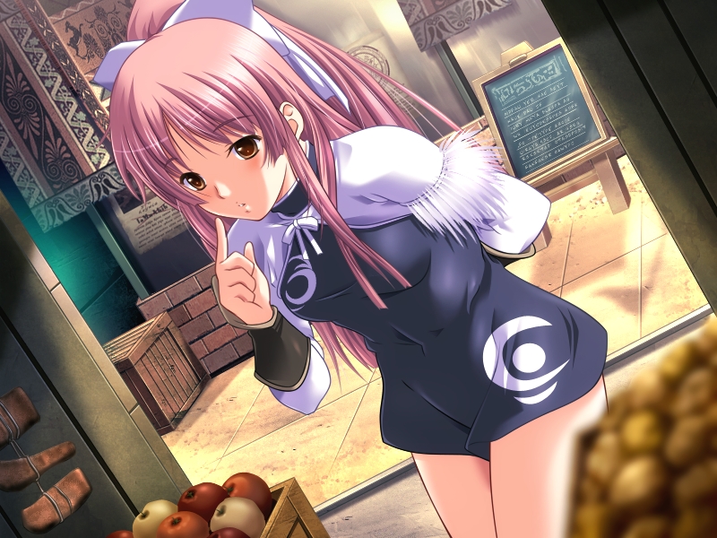 1girl, apple, arm_behind_back, bare_legs, black_dress, blush, breasts, brown_eyes