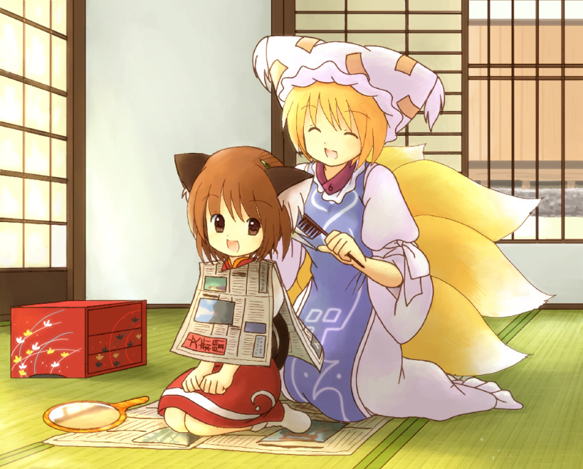 bunbunmaru, cat_ears, cat_tail, chen, cutting_hair, eijima_moko, fox_tail, hair_brush