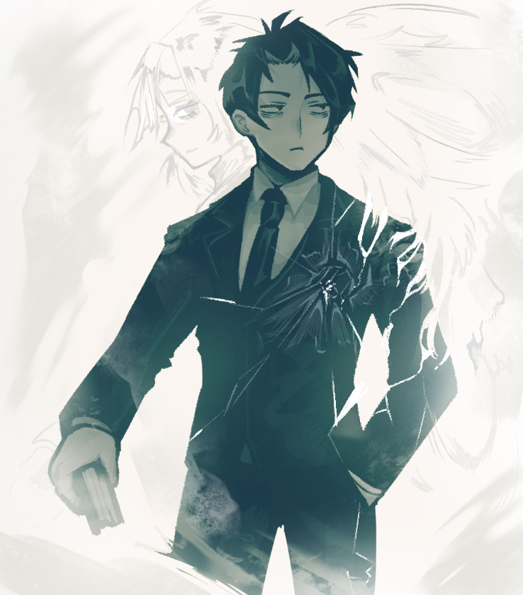 1boy, 1girl, angelica_(project_moon), black_eyes, black_hair, black_jacket, black_necktie, black_pants