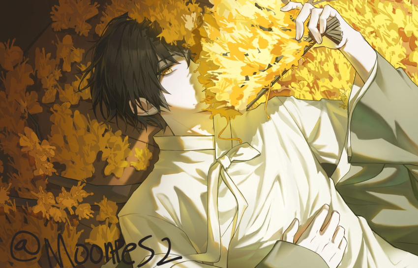 1boy, black_hair, branch, coat, coat_partially_removed, e.g.o_(project_moon), flower, flower_over_eye