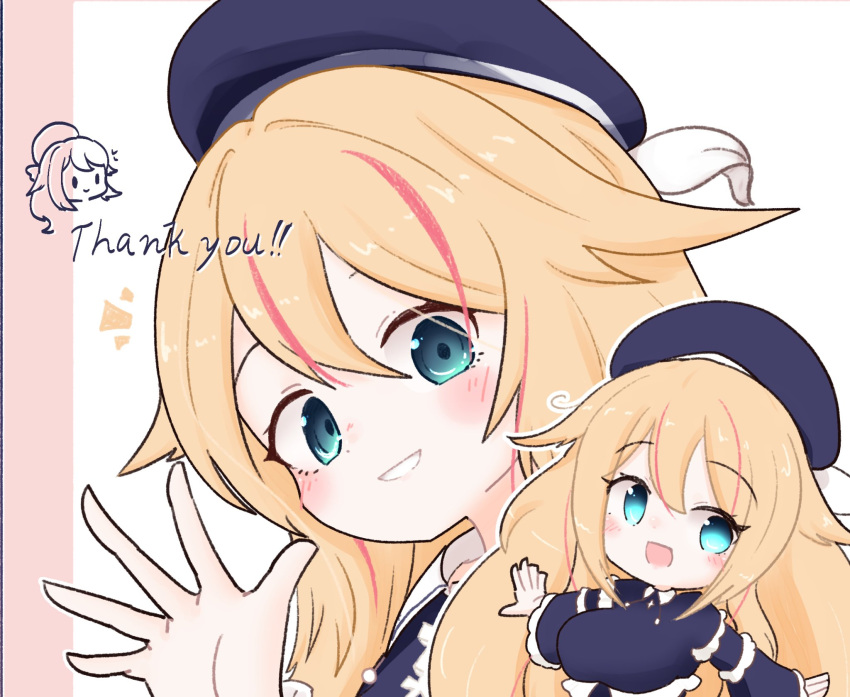 1girl, :d, blonde_hair, blue_dress, blue_eyes, blue_hat, blush, breasts