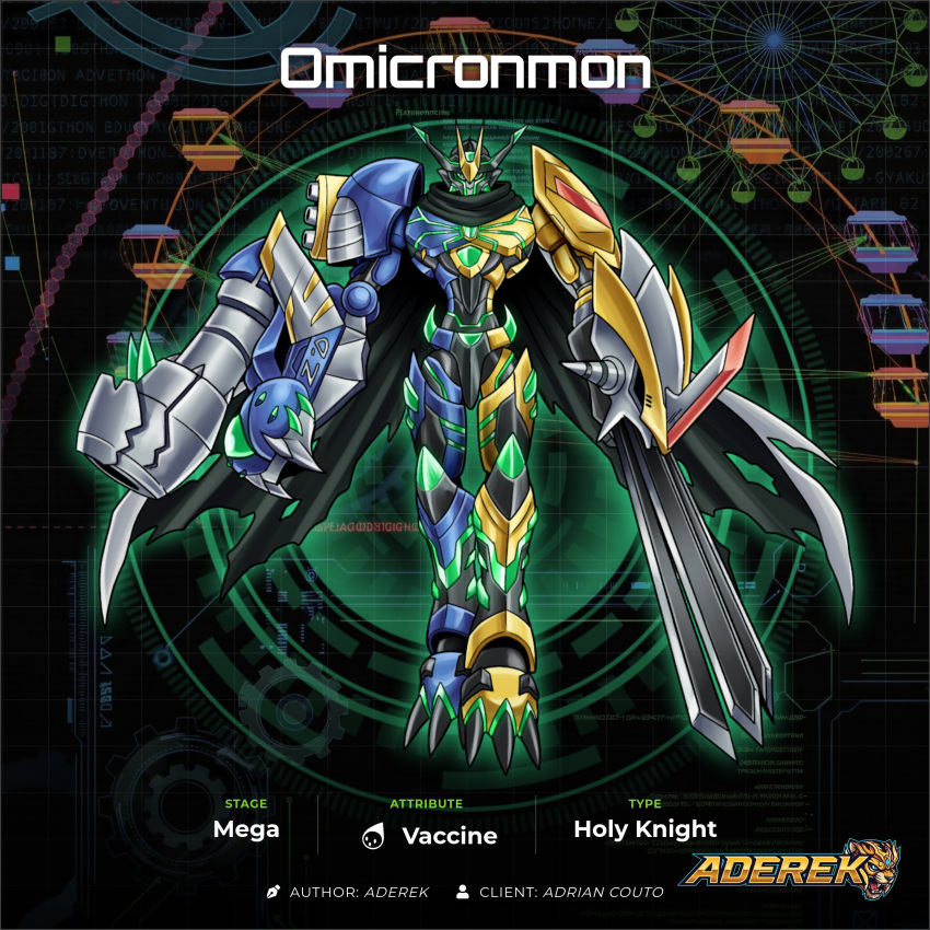 absurdres, aderek, arm_blade, arm_cannon, armor, black_cape, blue_armor, cape, character_name, digimon, digimon_(creature), full_body, fusion, highres, mecha, omegamon, original, robot, sword, victorygreymon, weapon, white_cape, yellow_armor, z'dgarurumon