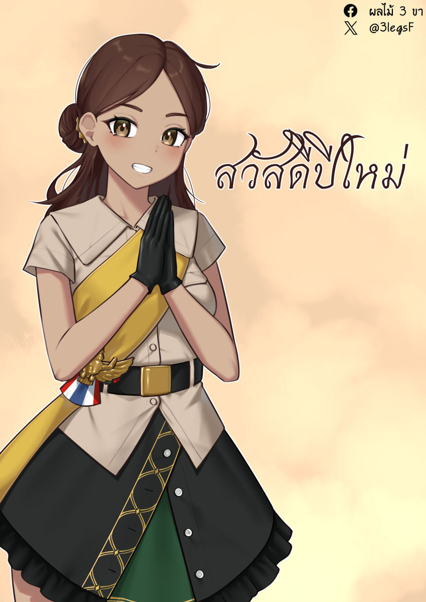 1girl, 3legsf, absurdres, black_gloves, blush, breasts, brown_eyes, brown_hair