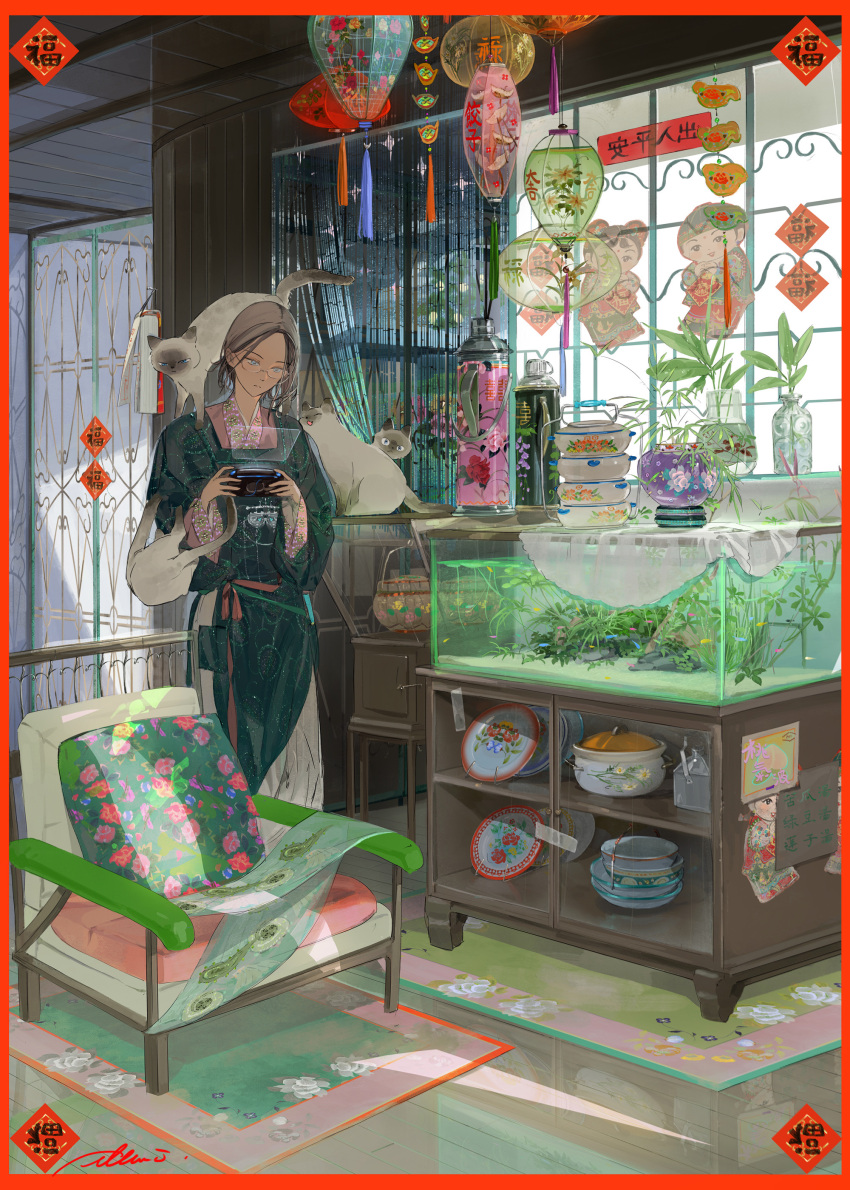 1girl, absurdres, animal_on_shoulder, blue_eyes, border, brown_hair, brown_headscarf, cat