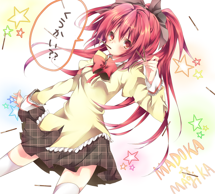 alternate_costume, arms_up, blush, bow, eikokudaisuki, hair_bow, kasu_(return), mahou_shoujo_madoka_magica