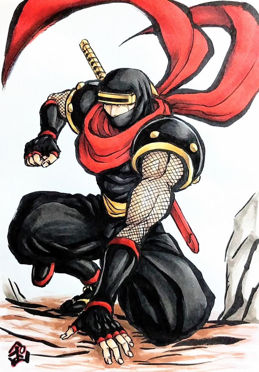 1boy, armor, black_gloves, clenched_hand, commentary_request, covered_mouth, fingerless_gloves, fishnet_sleeves