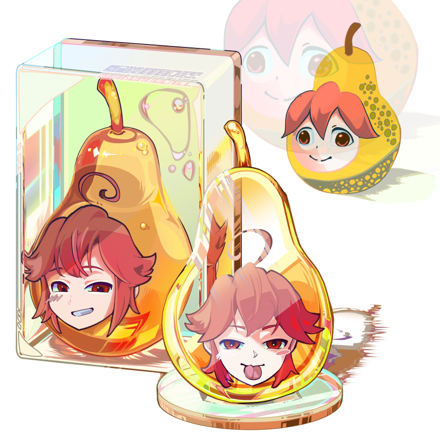 1girl, ahoge, blush_stickers, food, fruit, grin, kasane_teto, looking_at_viewer, mikuandchee, multiple_views, pear, pearto, red_eyes, red_hair, simple_background, smile, tongue, tongue_out, utau, white_background