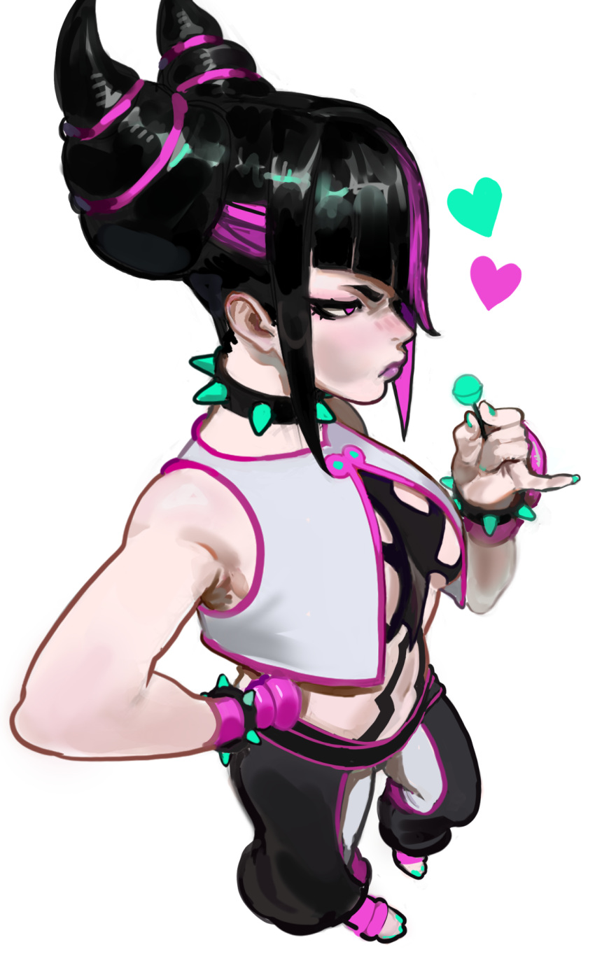 1girl, baggy_pants, black_hair, bracelet, breasts, candy, collar, commentary