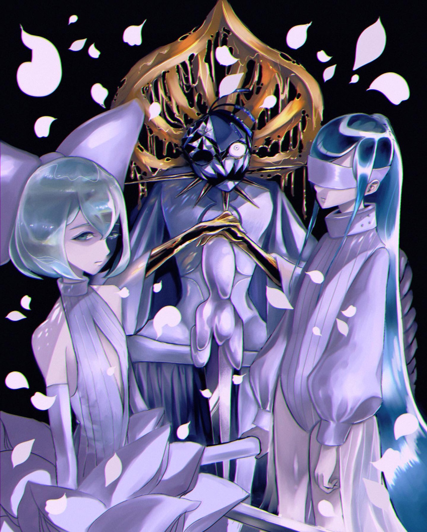 3others, akamahura, alexandrite_(houseki_no_kuni), blindfold, center_opening, cracked_skin, crystal_hair, detached_sleeves