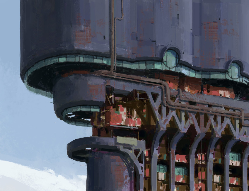 anthony_brault, blue_sky, building, dilapidated, highres, industrial, industrial_pipe, no_humans